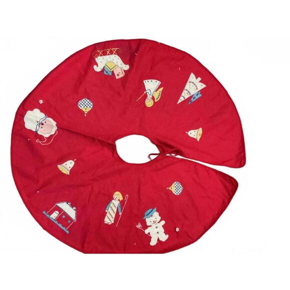 Other - Vintage Red Christmas Tree Skirt with Holiday Embroidery